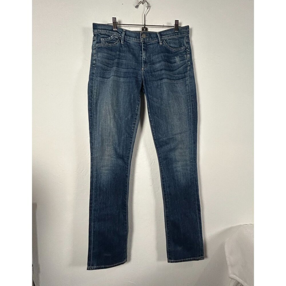 Goldsign Womens Mid-Rise Straight-Leg Jeans Blue Denim Distressed Made in USA